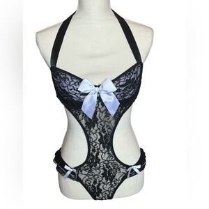 Black Lace Bodysuit Lingerie with White Accents M/L